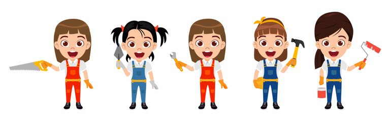 Happy cute kid girl construction worker engineer characters set standing together