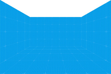 Grid perspective blueprint room without celling. Wireframe millimeter paper background. Digital cyber box technology model. Vector blank architectural template