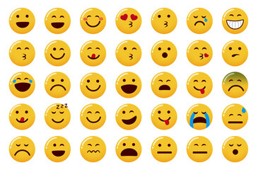 Emoticon smileys vector set. Emoji face icon with smiling, in love and laughing facial expressions isolated in white background for cute flat smiley collection design. Vector illustration.
