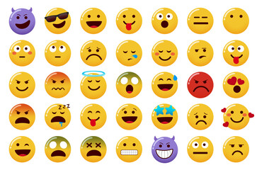 Emoticon smileys vector set. Emoticons character isolated in white background with smiling, evil, angry and sick facial expressions for smiley characters design. Vector illustration.
