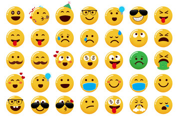 Smileys emoji vector set. Emoticons cute characters with party, cool, crazy and happy emojis face isolated in white background for smiley face expression design. Vector illustration.
