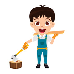 Happy cute kid boy carpenter characters standing with carpenter tools and tree and wooden board and axe