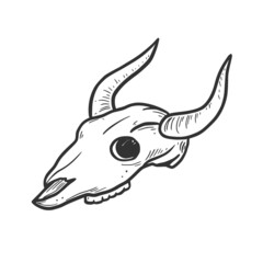 Hand drawn cow, bull skull element. Comic doodle sketch style. Cowboy, western concept icon. Isolated vector illustration.