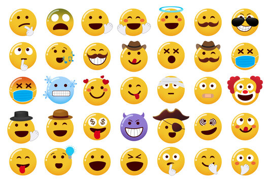 Emoticon smileys vector set. Emoji emoticons characters with hand and hat elements in funny and cute facial expression isolated in white background for smiley collection design. Vector illustration.
