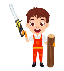 Happy cute kid boy carpenter characters standing with carpenter tools and tree and wooden board and chain saw