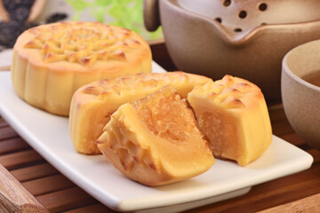 Pineapple custard moon cake on the plate 