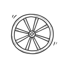 Hand drawn old wagon wheel element. Comic doodle sketch style. Wood wheel for cowboy, western concept icon. Isolated vector illustration. - obrazy, fototapety, plakaty