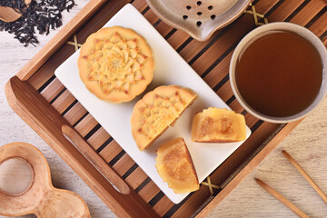 Pineapple custard moon cake on the plate 