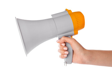 Woman with megaphone on white background
