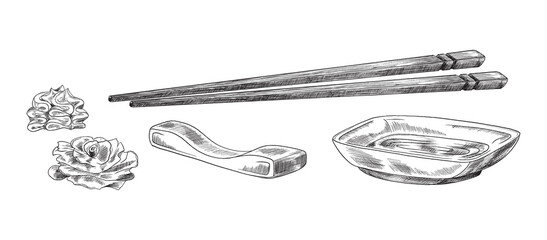 Japanese style setting for sushi from sticks, stand, ginger, gravy boat