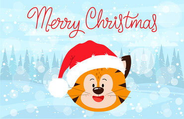 Merry Christmas. The muzzle of a tiger cub with brown stripes. Vector illustration for postcards, banners, the Internet, decor, design, art, calendar.