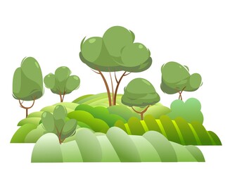 Garden and rolling hills. Rural landscape with fruit trees and farmer hills. Cute funny cartoon design illustration. Flat style. Isolated on white. Vector.