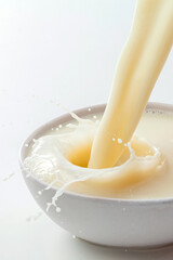 close up of soy milk pouring into bowl on white table.