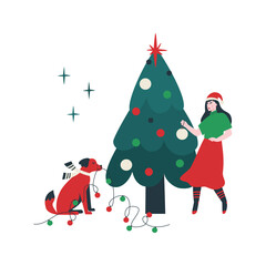 A woman and her dog decorating a Christmas tree. New Year's Eve preparations. Vector flat illustration