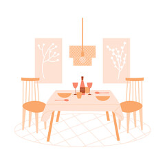 Vector flat illustration with furniture on white background. Modern interior items for a dining room: table, chairs, pictures, lamp, dishes