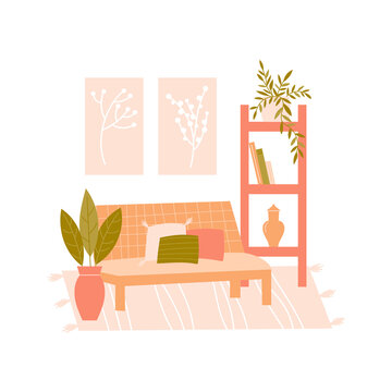 Vector flat illustration with furniture on white background. Modern interior items for room: sofa, shelving, houseplant, pictures, carpet