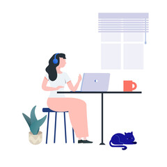 The lady sitting on the chair and wearing equipment meeting from home.cat sleeping on the floor.vector design.