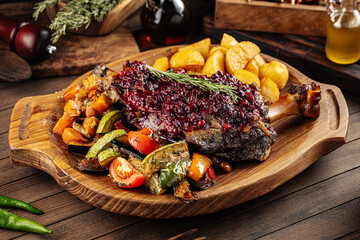 Roasted lamb knuckle with lingonberry sauce and vegetables