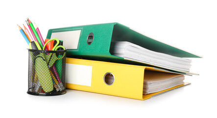 Office folders and stationery on white background