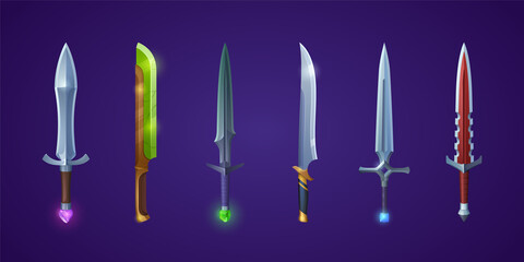 Set of magic swords, space laser futuristic or magical steel dagger and stiletto blades. Vector knight warrior decorated weapon, Ui design elements for computer game, isolated cartoon armor set
