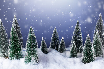 Winter forest with Christmas trees in snowy night.  Christmas winter greeting card.