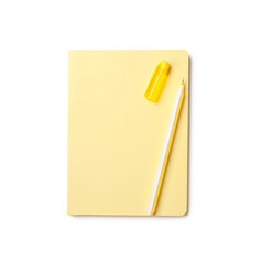 Stylish notebook and pen on white background