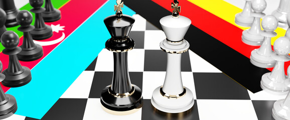 Azerbaijan and Germany conflict, clash, crisis and debate between those two countries that aims at a trade deal and dominance symbolized by a chess game with national flags, 3d illustration