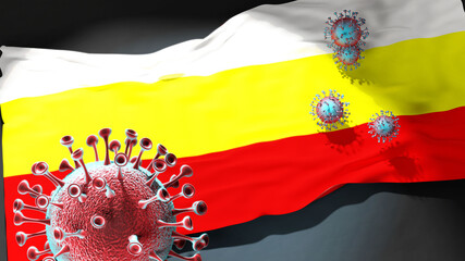 Covid in Hradec Kralove - coronavirus attacking a city flag of Hradec Kralove as a symbol of a fight and struggle with the virus pandemic in this city, 3d illustration