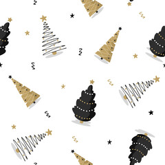 Seamless pattern with black and gold christmas tree. Winter season print. New year design for cards, backgrounds, fabric, wrapping paper. Vector illustration in flat cartoon style.
