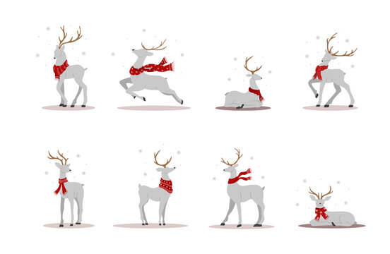 Christmas reindeers in scarves. Cute deers with antlers standing and jumping. Winter design elements. Vector illustration in flat cartoon style.