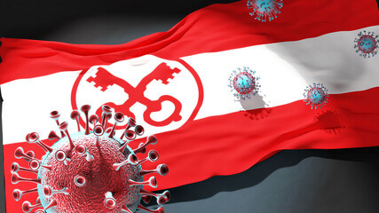 Covid in Leiden - coronavirus attacking a city flag of Leiden as a symbol of a fight and struggle with the virus pandemic in this city, 3d illustration