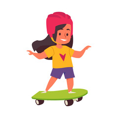 Cheerful little girl riding on skateboard, flat vector illustration isolated.