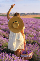 Beautiful young woman with basket for picnic in lavender field