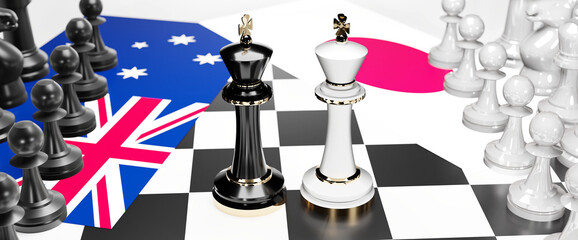 Australia and Japan conflict, clash, crisis and debate between those two countries that aims at a trade deal and dominance symbolized by a chess game with national flags, 3d illustration