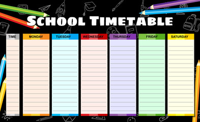 School Timetable weekly, hand drawn sketch icons of school supplies, pencils on baclboard. Vector template schedule, cartoon style