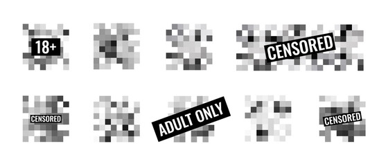 Censored pixel sign flat style design vector illustration set concept isolated on white background. Grayscale pixelated censorship square for prohibition forbidden content. - obrazy, fototapety, plakaty