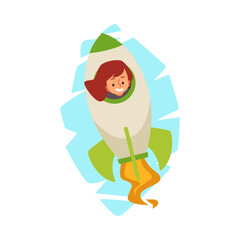 Child on space adventure on rocket, flat vector illustration isolated on white.
