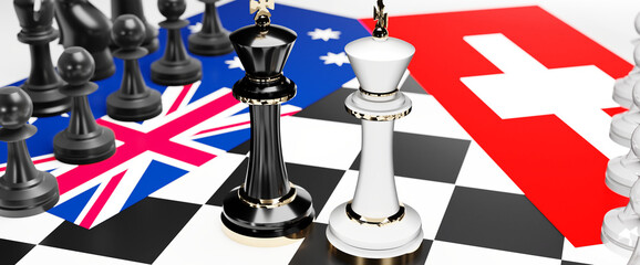 Australia and Switzerland conflict, clash, crisis and debate between those two countries that aims at a trade deal and dominance symbolized by a chess game with national flags, 3d illustration