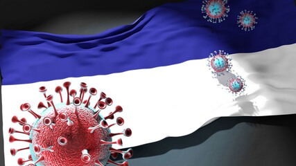 Covid in Hoogeveen - coronavirus attacking a city flag of Hoogeveen as a symbol of a fight and struggle with the virus pandemic in this city, 3d illustration