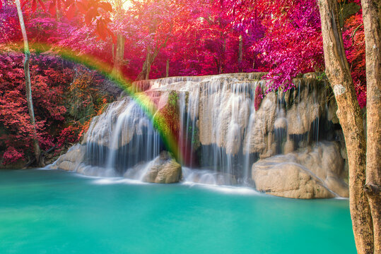 wonder Waterfall in Deep forest at Erawan waterfall National Park. © CasanoWa Stutio