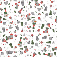 New year and Christmas watercolor hand drawn seamless pattern with a snowman, stocking, sock, mitten, garland. Kid clip art cute illustration for textile, wrapping paper, decor.