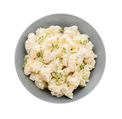 Bowl of delicious gnocchi with creamy sauce on white background