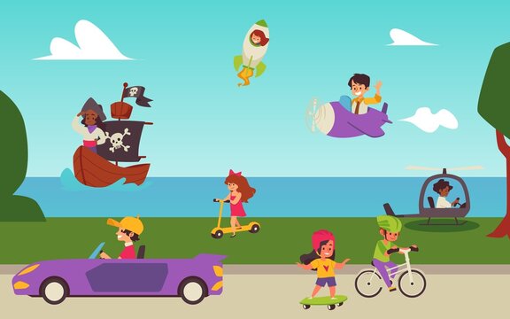 Banner with kids on land, marine and air transport, flat vector illustration.