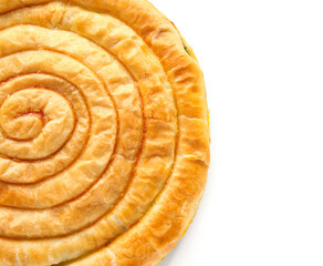 Tasty spinach pie on white background, closeup