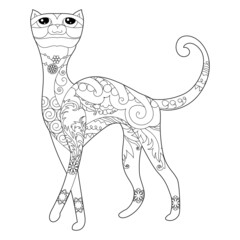 Contour linear illustration for coloring book with decorative domestic cat. Beautiful animal,  anti stress picture. Line art design for adult or kids  in zen-tangle style, tattoo and coloring page.