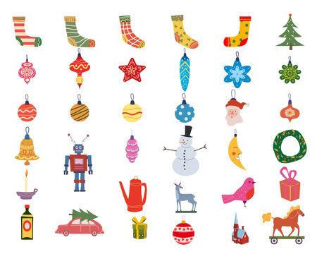 Set Christmas balls, robot, car, horse, deer wooden toys retro, vintage. Vector collection cartoon flat style