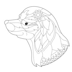 Contour linear illustration for coloring book with decorative dog head. Beautiful pet, animal,  anti stress picture. Line art design for adult or kids  in zen-tangle style, tattoo and coloring page.