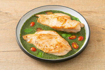 grilled chicken steak with pesto sauce