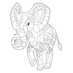 Contour linear illustration for coloring book with decorative elephant. Beautiful animal,  anti stress picture. Line art design for adult or kids  in zen-tangle style, tattoo and coloring page.