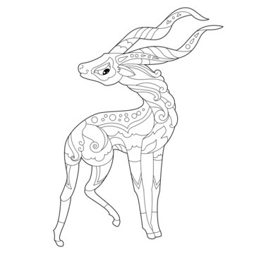Contour linear illustration for coloring book with decorative gazelle. Beautiful animal,  anti stress picture. Line art design for adult or kids  in zen-tangle style, tattoo and coloring page.